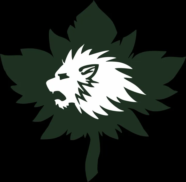 Weißer Löwenkopf auf einem dunkelgrünen Blattwappen